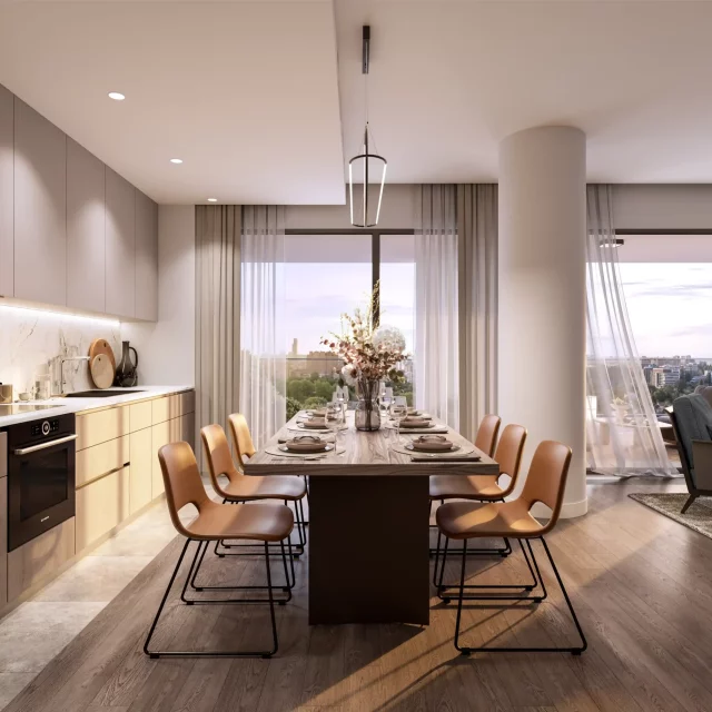 Modern open-plan kitchen and dining area in a BW Lena apartment.