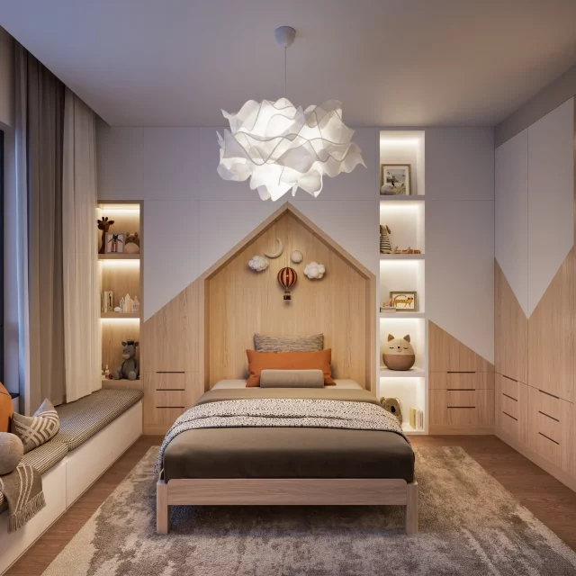 A furnished children’s bedroom in the BW Lena building.