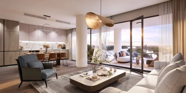 Uređena dnevna prostorija sa visokim prozorima u zgradi BW Lena.