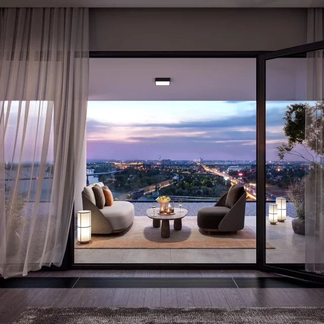 Izlaz na terasu iz dnevne sobe u apartmanu zgrade BW Lena.