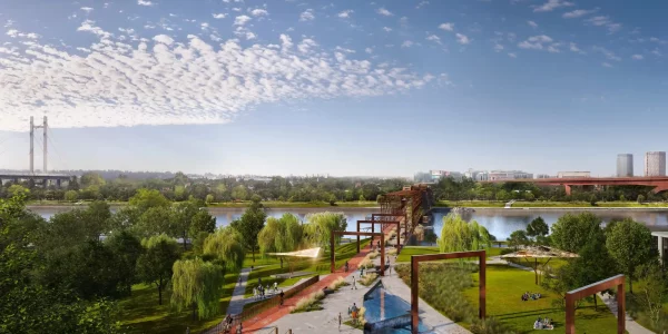 The modern Linear Park of Belgrade Waterfront, seamlessly extending onto the pedestrian bridge.