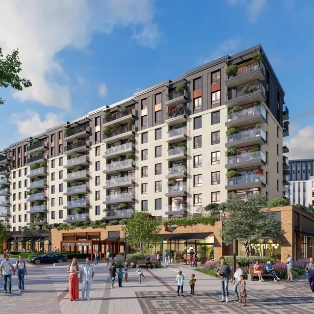 Front entrance of the BW Prima building with a garage and a forecourt in front of the building