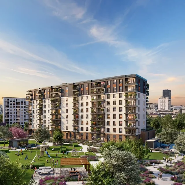 Prostrano dvorište zgrade BW Prima sa igralištem za decu, zelenilom i prostorom za odmor.