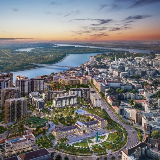 The BW Prima building located just steps from Sava Square, the future museum and theater, and the educational campus.