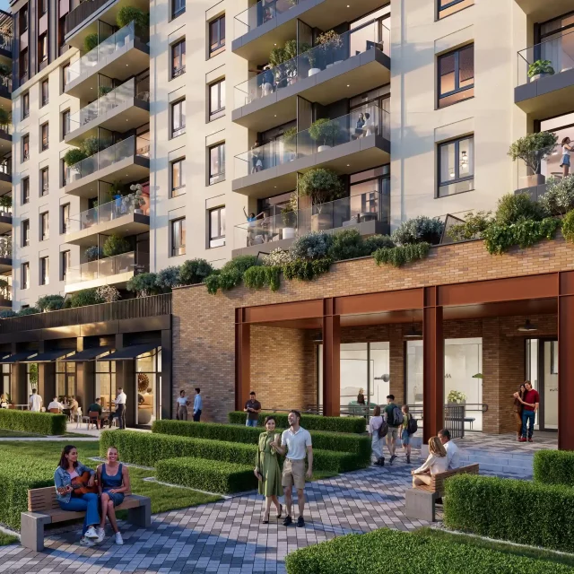 Entrance to the BW Prima building, a forecourt in front of the entrance, and a ground-floor restaurant enjoyed by the residents.