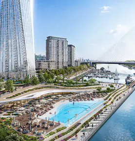 belgrade-waterfront-marina-bazen-yacht-club_1 Yacht Club with swimming pool and high-rise building at the riverfront.