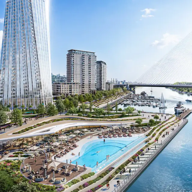 belgrade-waterfront-marina-bazen-yacht-club_1 Yacht Club with swimming pool and high-rise building at the riverfront.