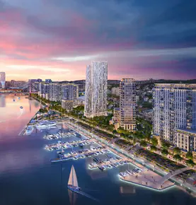 belgrade-waterfront-marina-noć Noćno osvetljene Belgrade Waterfront Marine na obali reke Save.