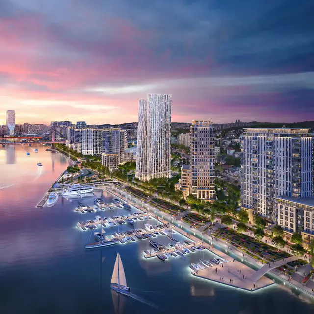 belgrade-waterfront-marina-noć Noćno osvetljene Belgrade Waterfront Marine na obali reke Save.