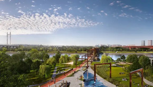 linijski-park-pešački-most (1) Linear park Green corridor with pedestrian bridge toward New Belgrade.